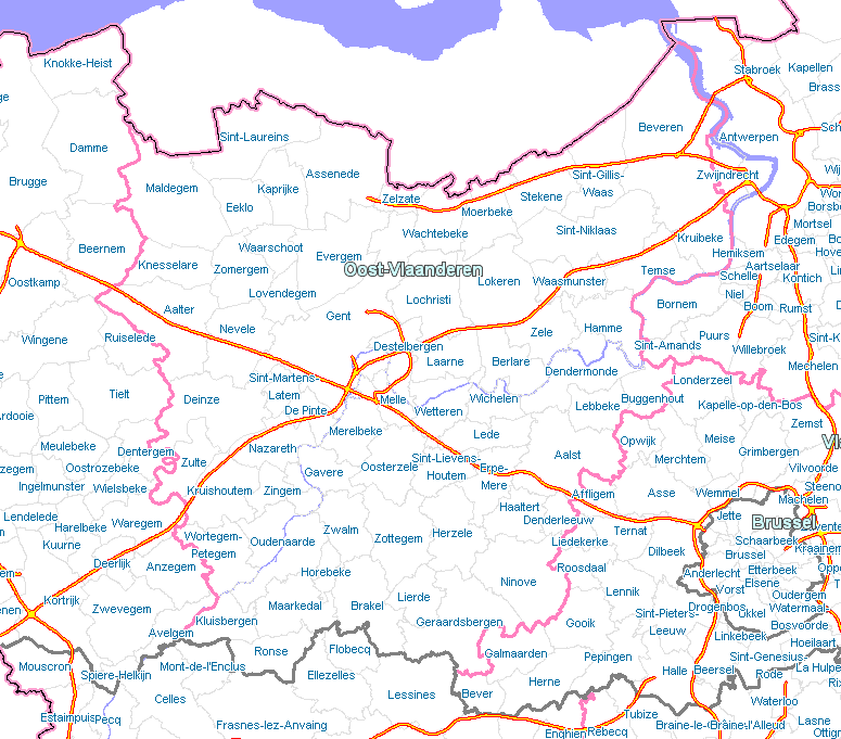 Carte contenant tous les aires de stationnement en Oost-Vlaanderen