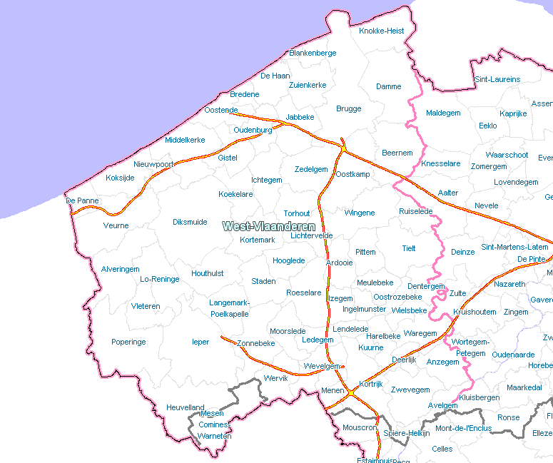 Carte contenant tous les aires de stationnement en West-Vlaanderen